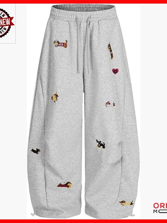 Unisex Baggy Sweatpants with Puppy Embroidery Elastic Waist Wide Leg